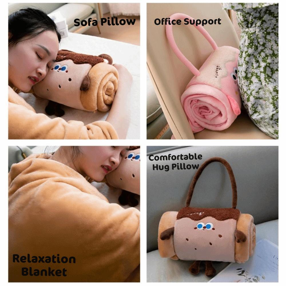Cute 2 in 1 Foldable Roll Blanket Warm Plush Air Conditioning Blanket Cartoon Handheld Pillows Blanket Office
