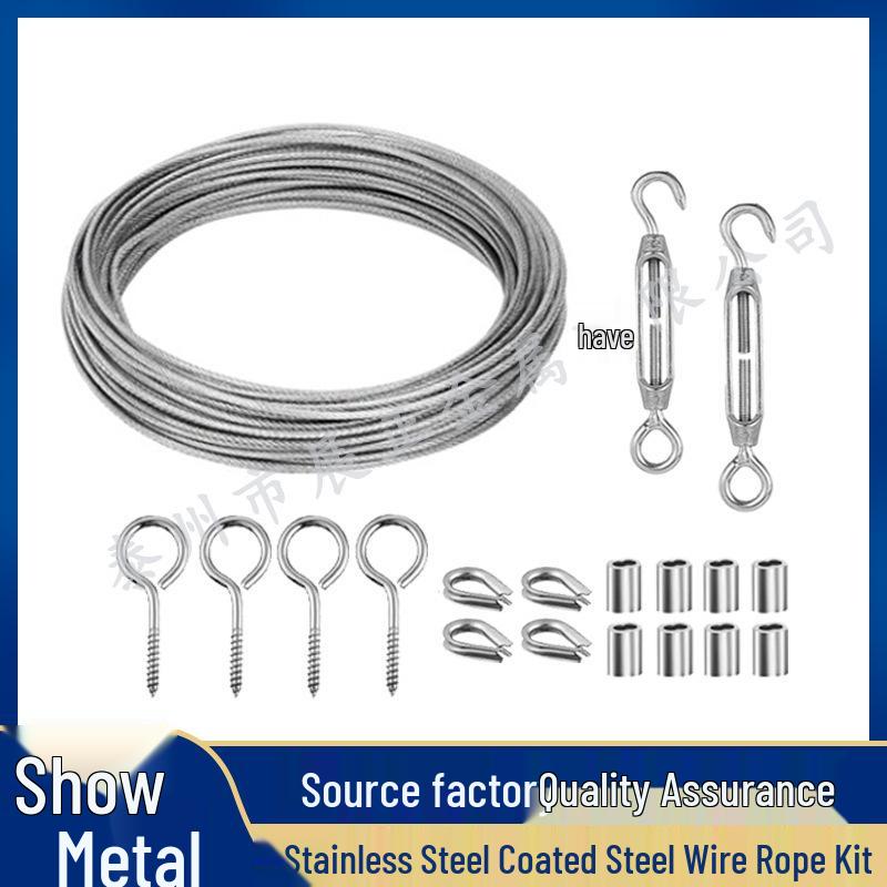 Stainless Steel Wire Rope Hanging Kit for Outdoor String Lights with Thimble Hooks and Tensioning Cable.