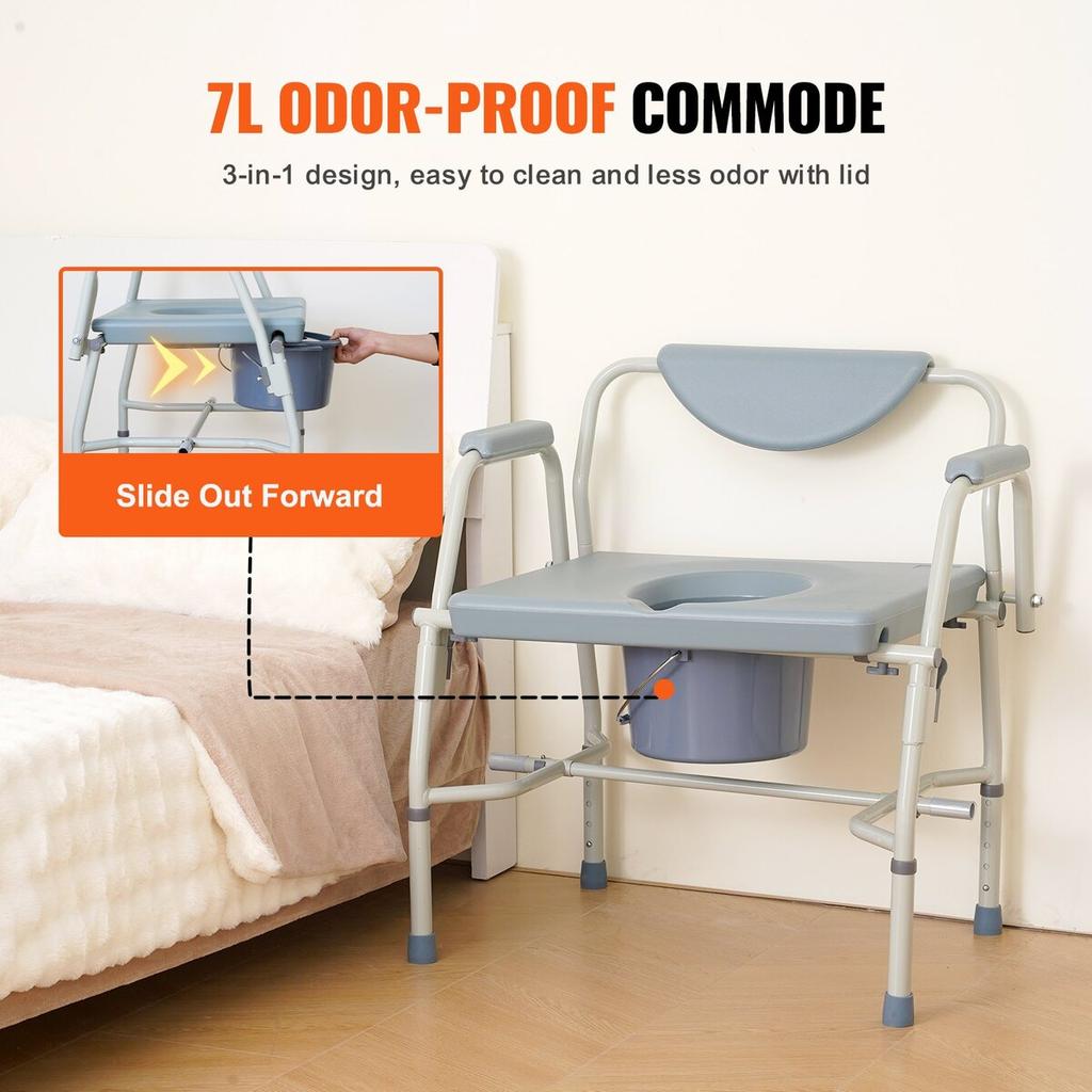 Commode Chair, Bedside Commode with Drop-Down Arms and Detachable Backrest, 5-Level Adjustable Height, 7L Removable Bucket, Easy to Assemble, 1000LBS