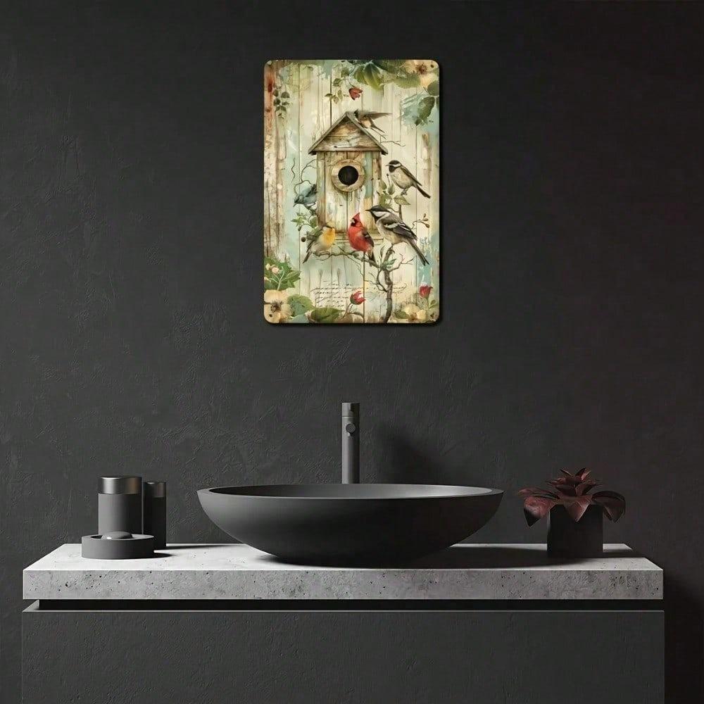 Vintage Metal Birdhouse Wall Art, Rustic Iron Garden Decor with Colorful Birds and Flowers
