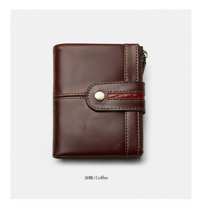 Men's Short Leather Zipper Coin Purse European American Retro Cowhide RFID Anti-theft Brush Wallet