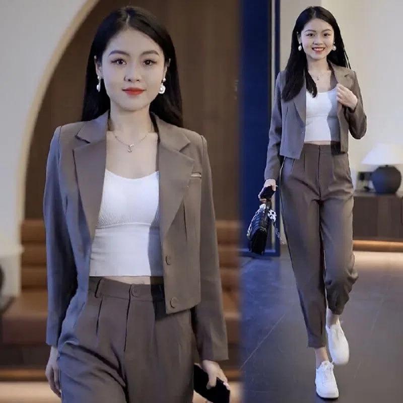 

Petite Black Fashion Two-Piece Suit: Short Jacket & Long Sleeve Casual Set for Spring & Autumn M коричневый/кофейный