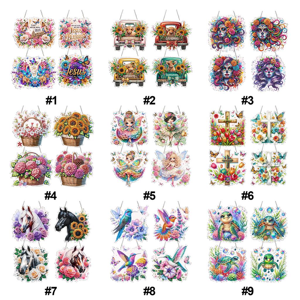 4Pcs 2D/Flat DIY Special Shape Hanging Diamond Art Kits Rhinestone Diamond Art Window Pendants Home Wall Decoration Crafts
