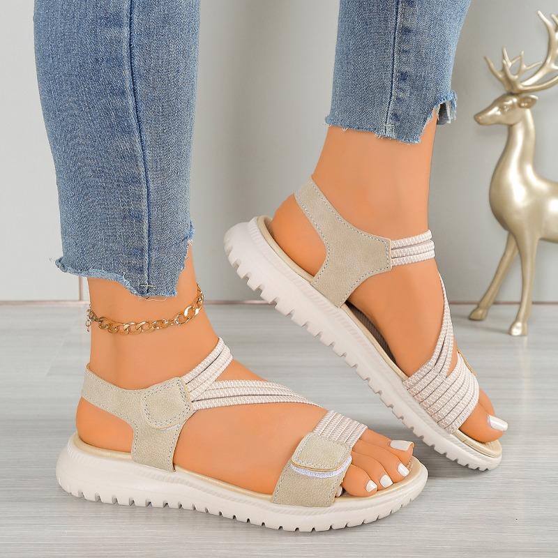 New sandals women's large size sewing line flat bottom round head Velcro women's sandals