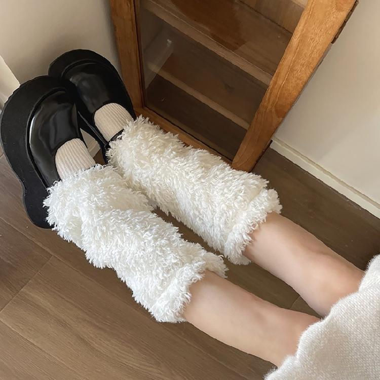 Women Vintage Warm Curly Furry Solid Color Leg Warmers Leg Covers Aesthetic Fuzzy Plush Boot Cuffs Socks for Winter Days