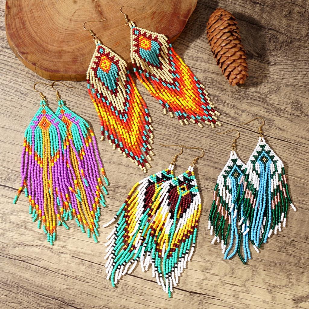 Colorful tassel ethnic style earrings, vintage Bohemian women's earrings