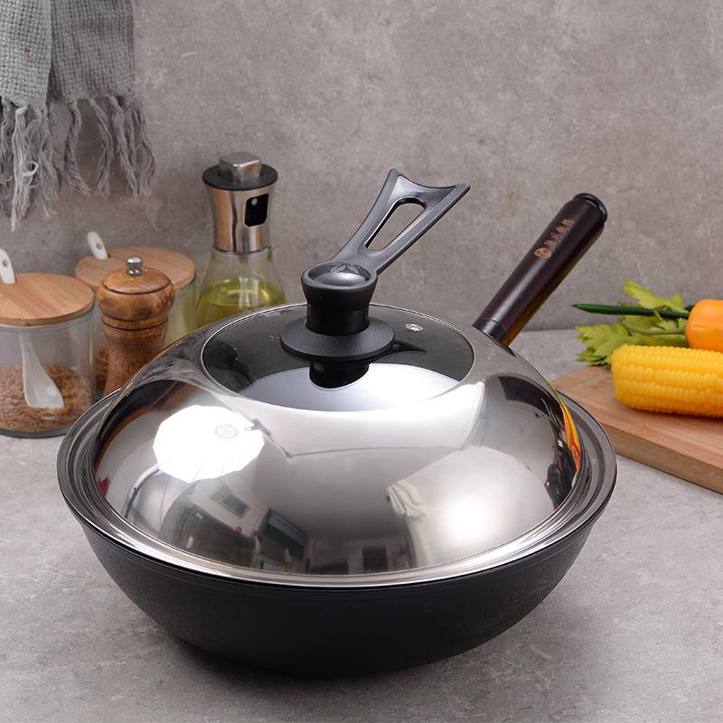 Luchuan Old-Fashioned Round & Flat Bottom Cast Iron Non-Stick Frying Pan for Gas Stoves