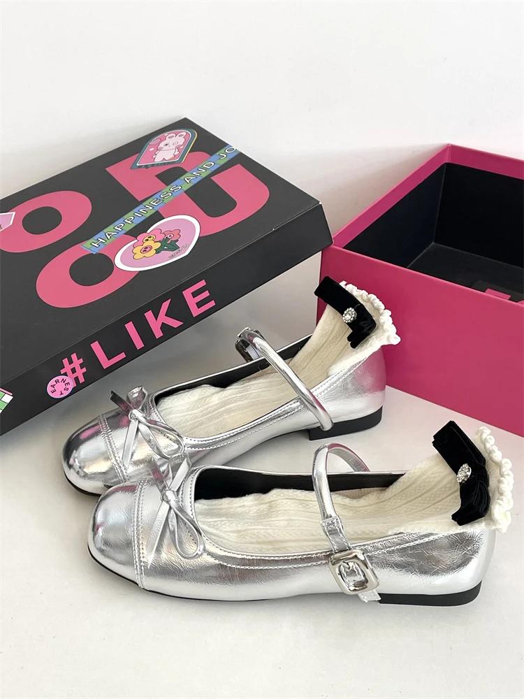 Silver shallow mouth ballet style flat sole women's 2025 new summer dress French round toe Mary Jane shoes