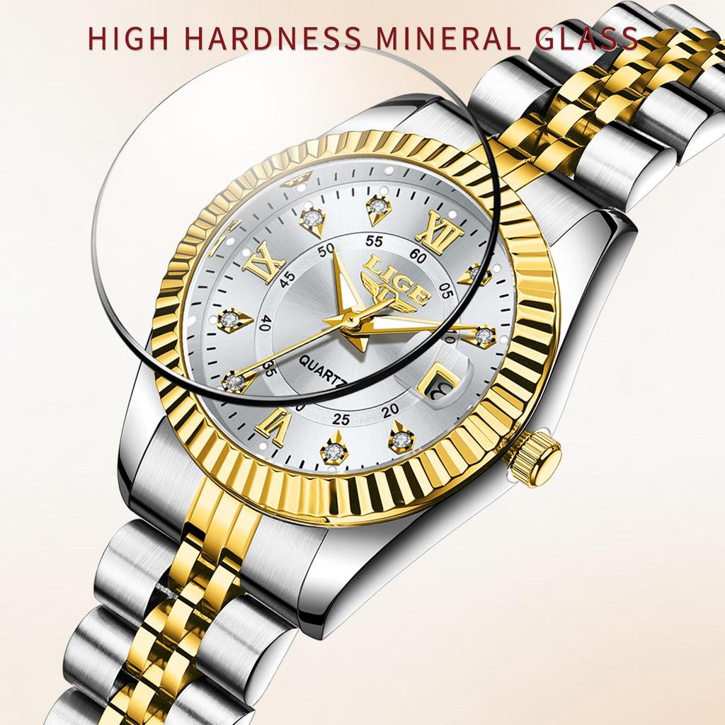 LIGE Moodne naiste käekell, lihtne elegantne terasest automaatne kuupäevaga veekindel naiste kvartskella