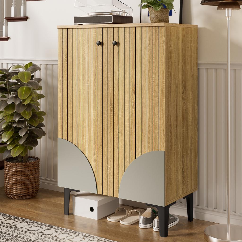 Modern Wooden Shoe Cabinet with Doors – Space-Saving Shoe Organizer with Shelf Compartments, Storage & Black PVC Frame, Elegant Design for Hallway