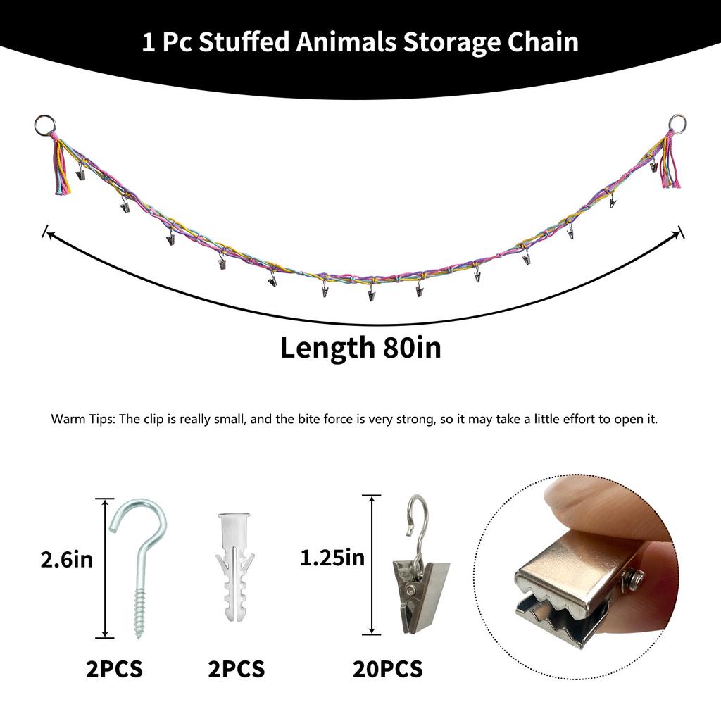 Cotton Plush Animal Storage Rope with 20 Metal Clips, Wall-mounted Hanging Storage Rack, Suitable for Kindergarten Playrooms
