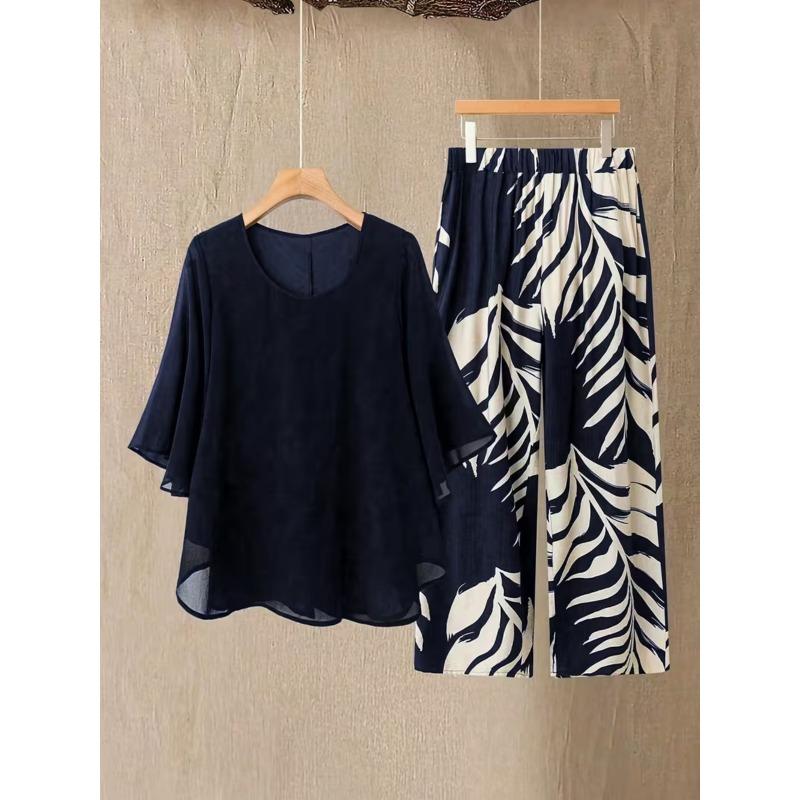 Damen Sommer Chiffon Kurzarm Zweiteiler Set in Übergröße – Elegantes Lockeres Oberteil und Hosen Outfit