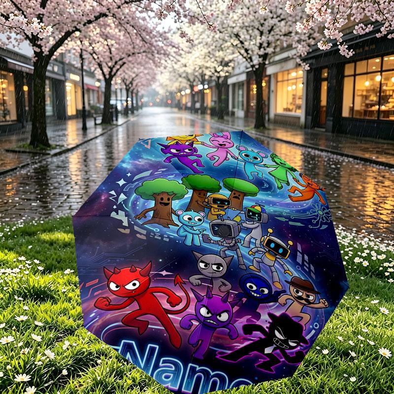 Custom Name Personalized Game Sprunki Print Umbrella, Auto Open Close, 8‑Rib Sturdy Frame, Commute Camping Hiking Use, Birthday Gift