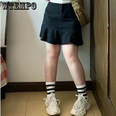 Falda corta para mujer, falda de medio cuerpo vaquera con cola de pez de cintura alta de talla grande, falda corta a la cadera con paquete de palabra delgada para mostrar el vientre oscuro