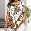 Womens Plus Size Short Sleeve Top Western Cowboy Skeleton Pumpkin Floral Print Irregular Pointed Hem Casual Blouse