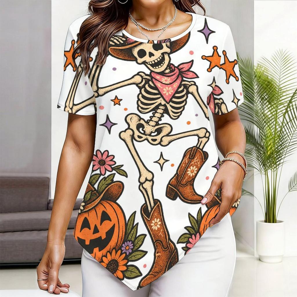 Womens Plus Size Short Sleeve Top Western Cowboy Skeleton Pumpkin Floral Print Irregular Pointed Hem Casual Blouse