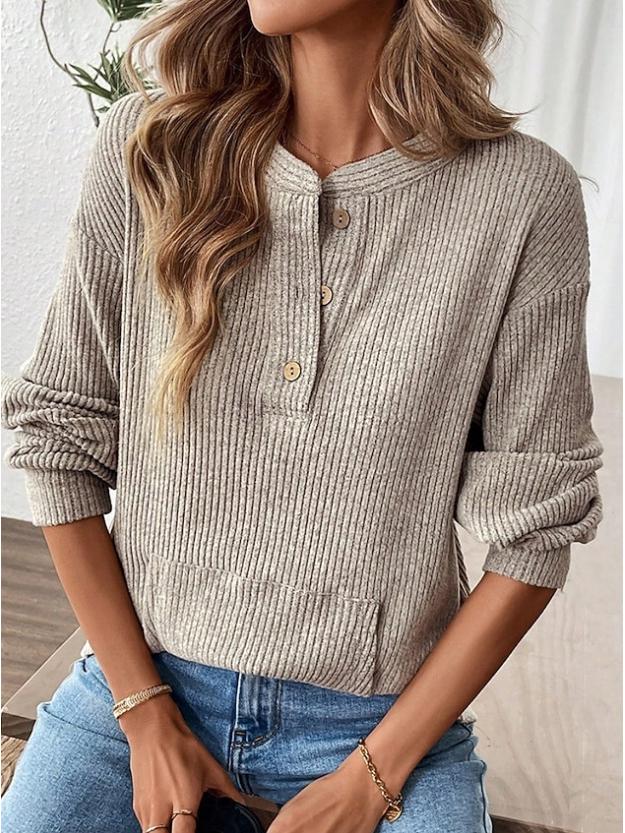 2025 Autumn/Winter Women's Solid Color Button Loose Long Sleeve T-Shirt