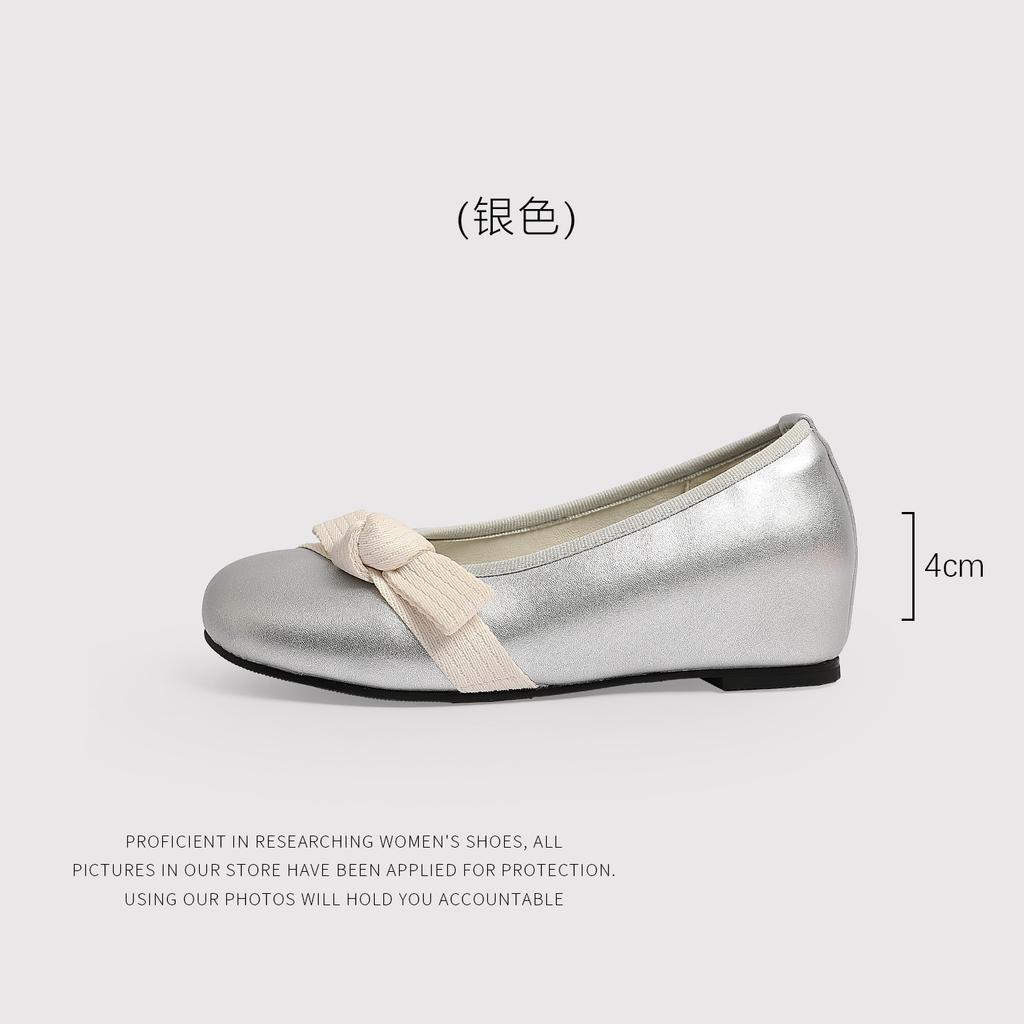 French Minimalist Bow Light Mouth Single Shoes Women'S Silver Spring And Summer Comfortable Temperament Commuter HeightIncreasing Shoes