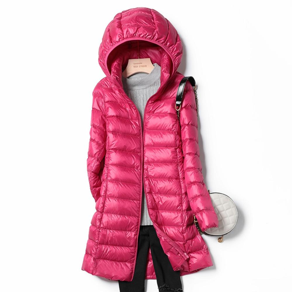 Women's Plus Size Mid‑Length Hooded Down Jacket Lightweight White Duck Down Puffer Coat Outerwear