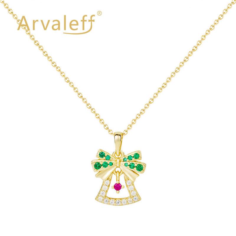 Arvaleff S925 Sterling Silver & 14k Gold Christmas Bell Necklace with Zircon and Diamonds