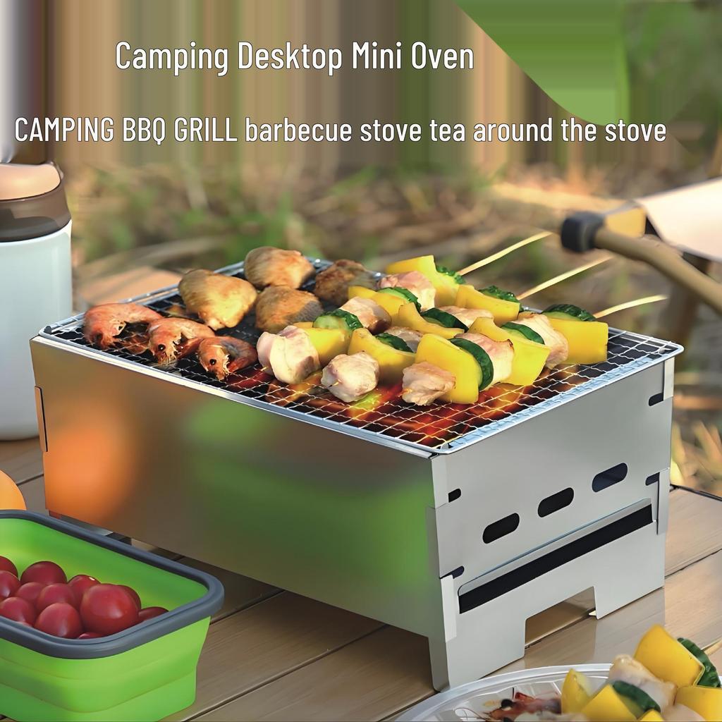 Tragbarer Holzkohlegrill: Outdoor Camping Tischkocher zum Braten von Fleisch & Spießen