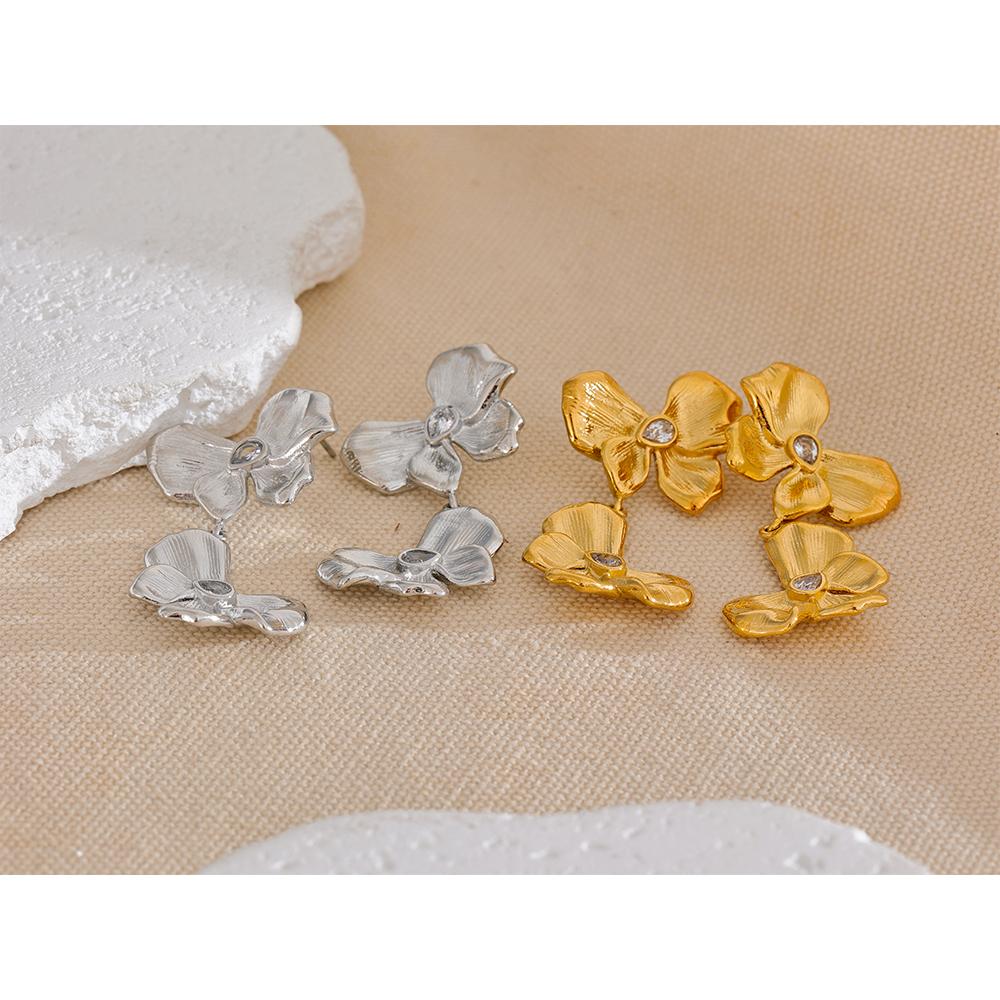 Yhpup Stainless Steel Metal Flower Bow Knot Drop Dangle Earrings High Quality CZ Waterproof Statement Jewelry for Party