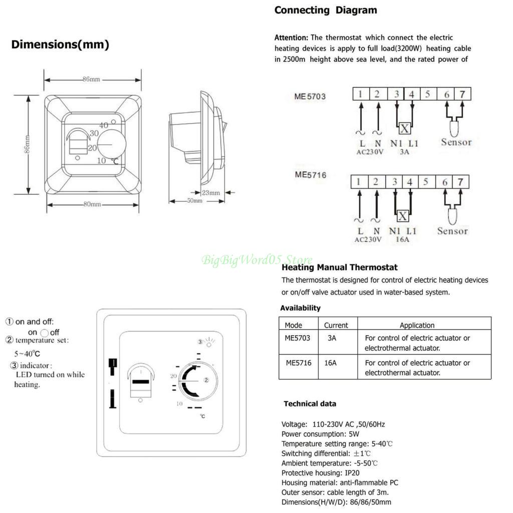 24TE Manual Thermostat Electric Water Warm Floor Temperature Controller 110-230V 16A 4Wire Line Voltage Mechanical Thermostat