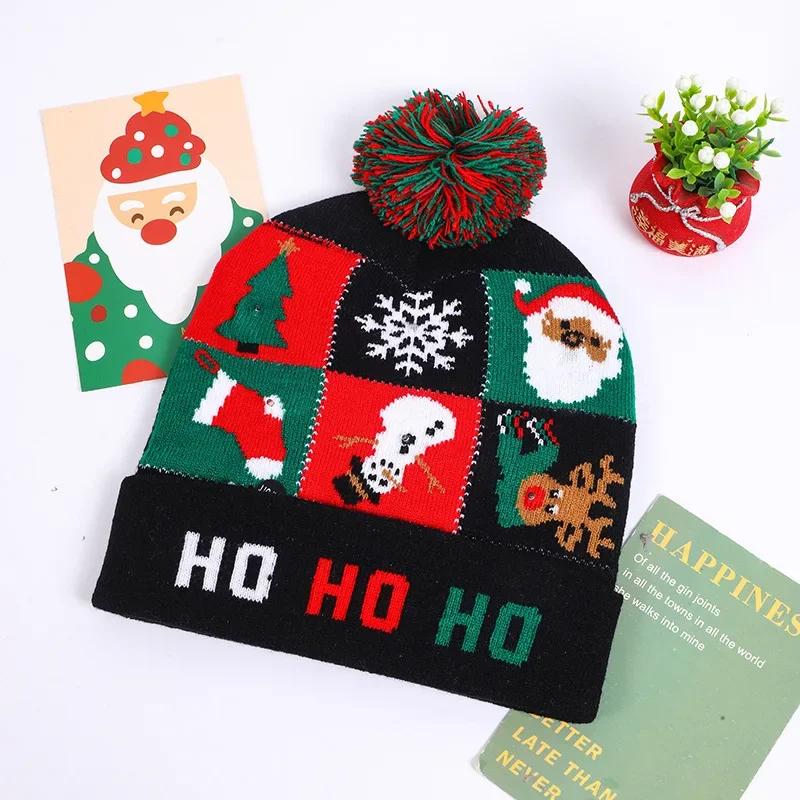 LED Light Christmas Hat Xmas Knitted Hats Warm Winter Cap New Year Featival Party Decoration Christmas Gift for Kids Adults