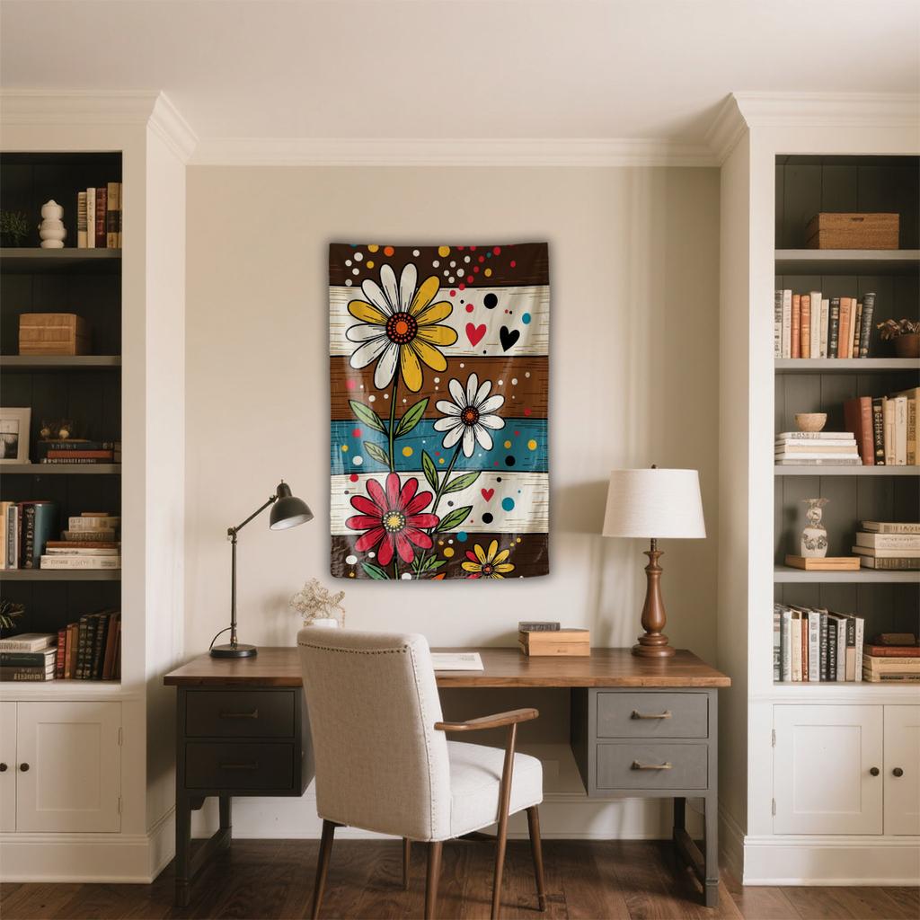 Flowers Hearts Dots Stripes Pattern Digital Printing Polyester Wall Tapestry Suitable For Use In Living Rooms Offices Bars Party