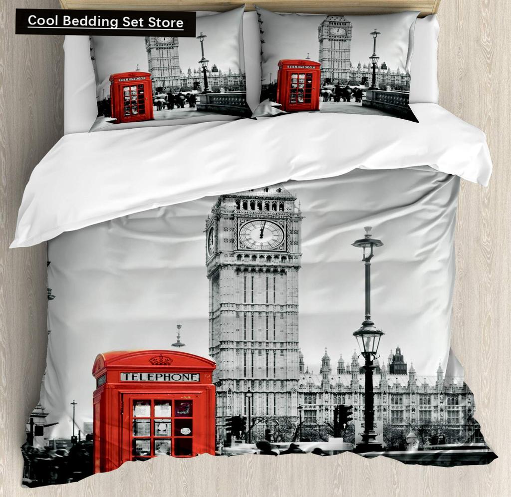 London Telephone Booth King Queen Duvet Cover The Big Ben Bedding Set Retro United Kingdom Quilt Cover Red Grey Comforter Cover