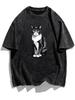 Vintage Tuxedo Cat Graphic T-Shirt Washed Acid Wash Streetwear Tee Retro Pet Print Top Oversized Casual Unisex Apparel