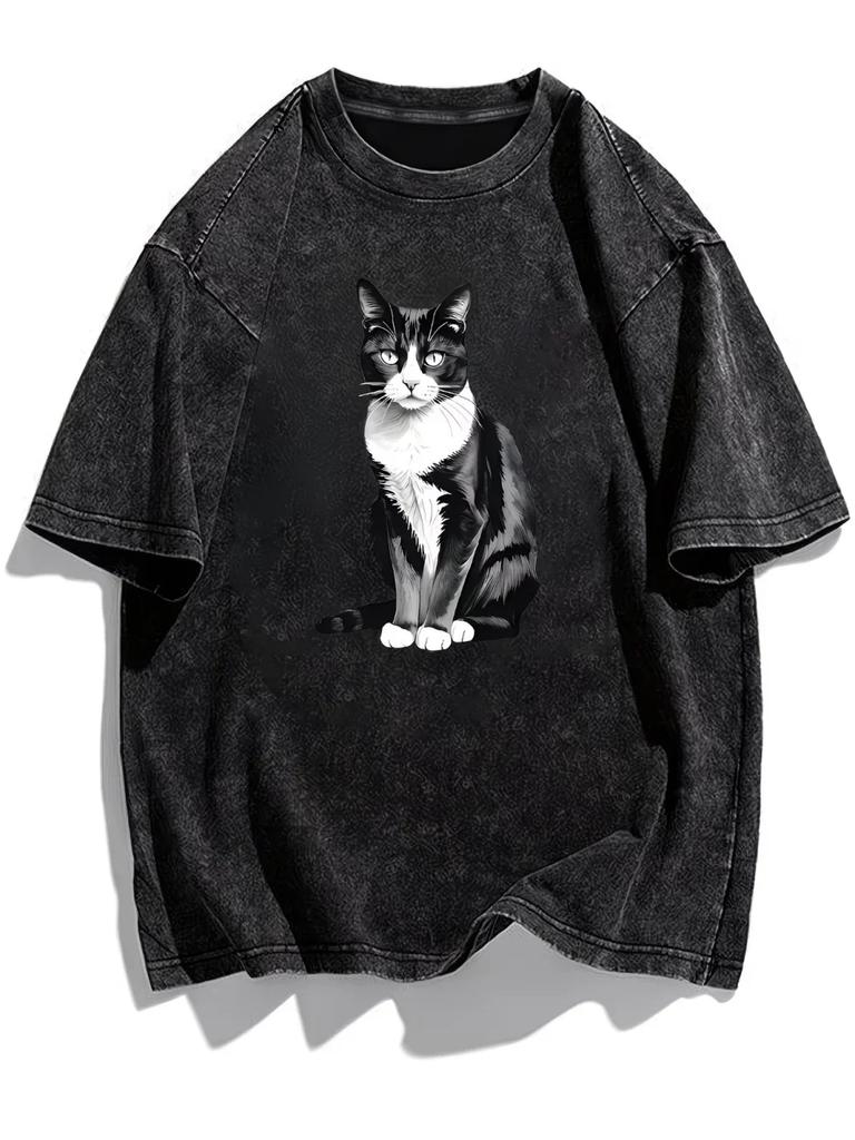 Vintage Tuxedo Cat Graphic T-Shirt Washed Acid Wash Streetwear Tee Retro Pet Print Top Oversized Casual Unisex Apparel