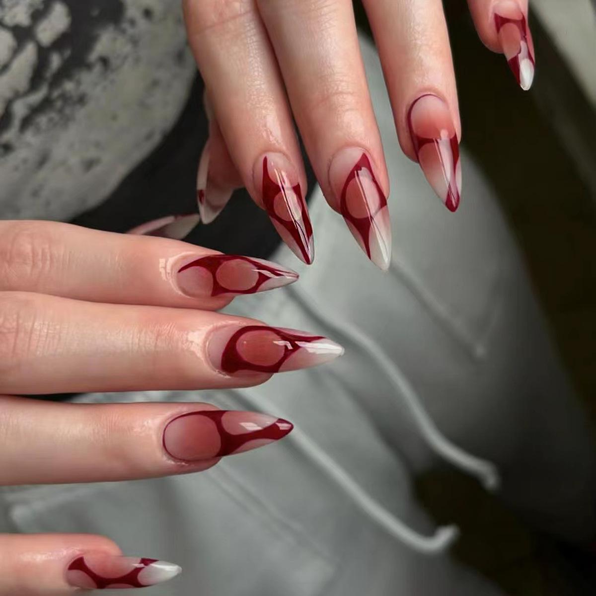 24PCS Vibrant Orange Almond Stick on False Nails with Glue White Stripes French Fake Nails Sweet Cool Bubble Ins Nails Press On