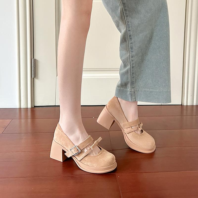 New High-heeled Mary Jane Shoes Women's Retro Bow High-heeled Shoes Round Head Shallow Mouth One-word Buckle Belt Thick-heeled Single Shoes Women