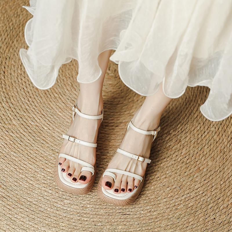 Wood grain thick-soled wedge heel sandals women's summer new muffin bottom small man height increase thin strap set toe Roman women's sandals