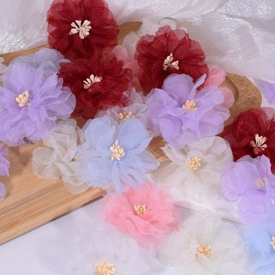 10Pcs Diy 5.5Cm Organza Artificial Flower Appliques Colorful 3D Simulation Mesh Flower Patch Translucent Clothes Sewing Patch