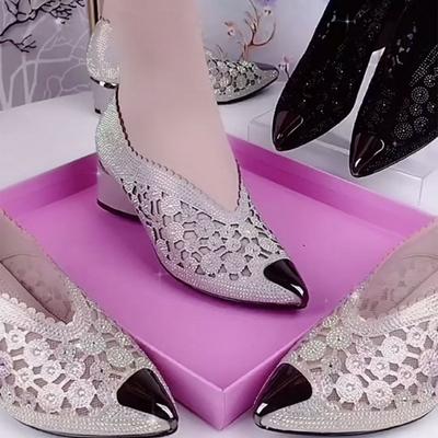 Zapatos individuales finos de verano para mujer, sandalias cómodas y transpirables de malla con tacón grueso y diamantes de imitación que combinan con todo, a la moda