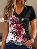 Fashion Floral Flower 3D Print T-Shirts Women Short Sleeve V-Neck T Shirt Streetwear Casual Top Y2k Harajuku Tee Female Clothing