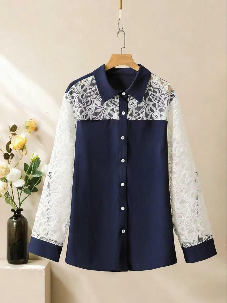 2025 Plus Size Lace Patchwork Two-Piece: Long Sleeve Shirt & Wide-Leg Pants Set