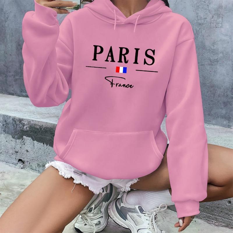 Women's autumn and winter warm and loose casual Paris pattern printed suede long sleeved hooded sweatshirt