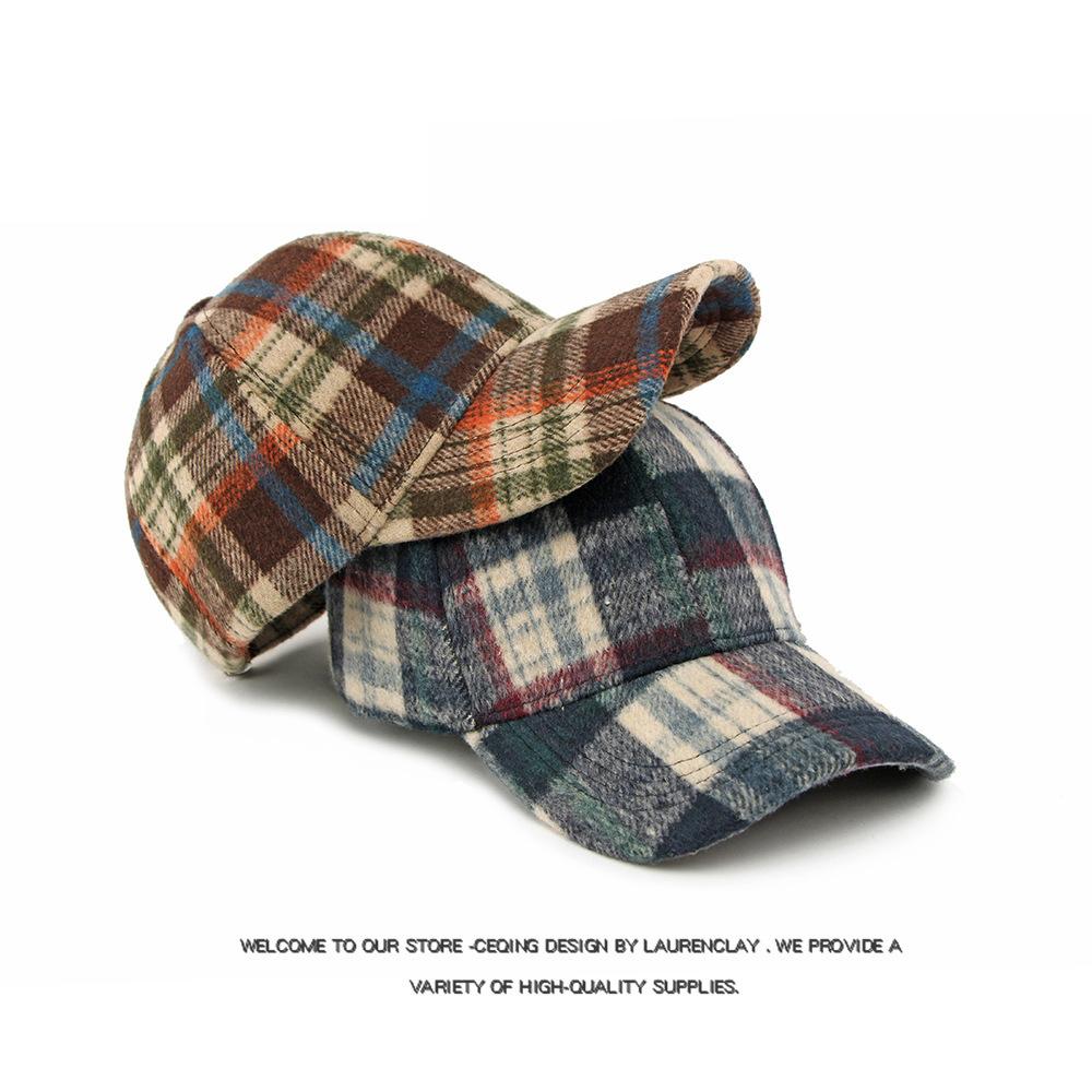 Autumn Winter Hat Women's Hard Top Baseball Cap Classic Vintage Plaid Cap for Men