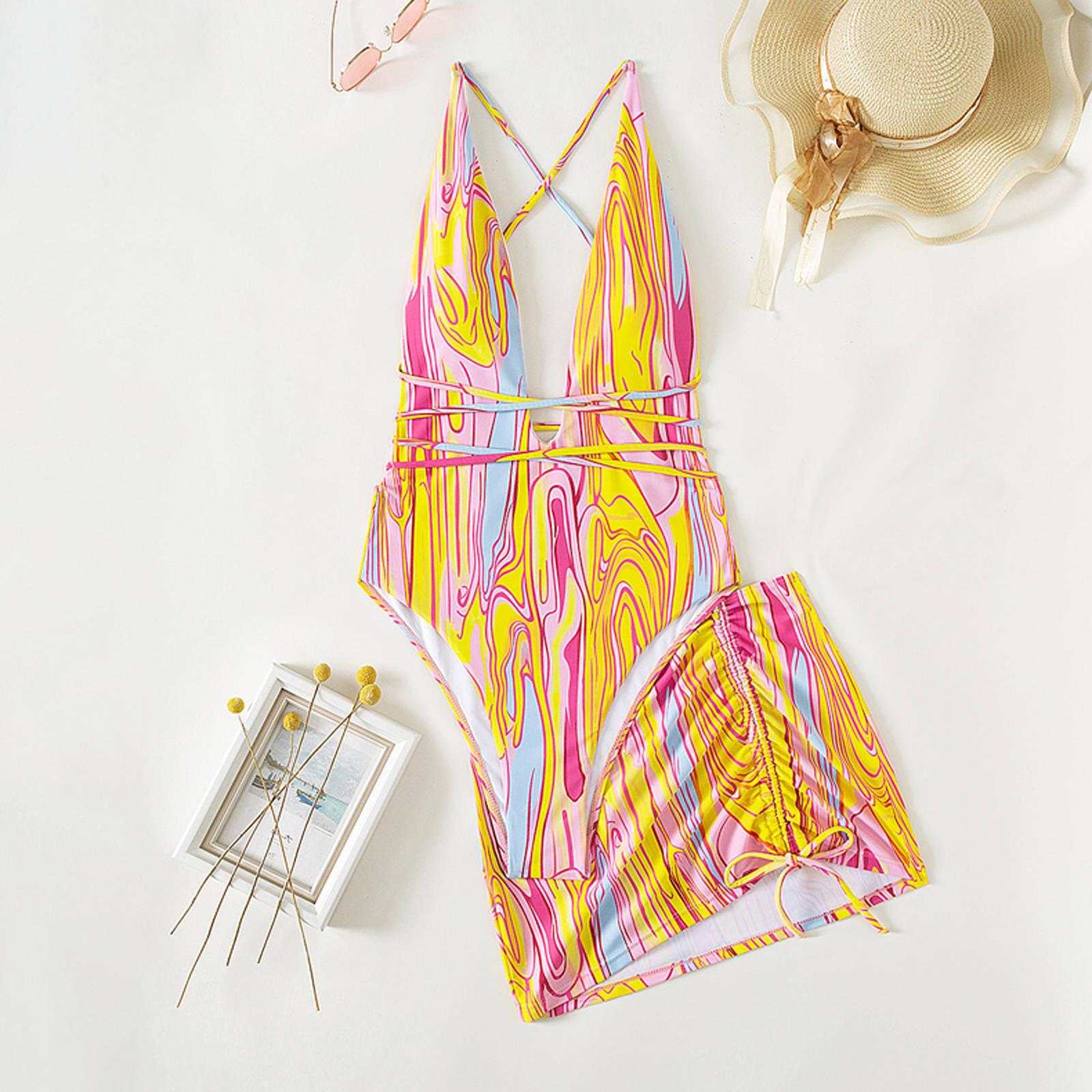 

Модный женский сексуальный купальник с открытой спиной в стиле ретро и принтом S жёлтый