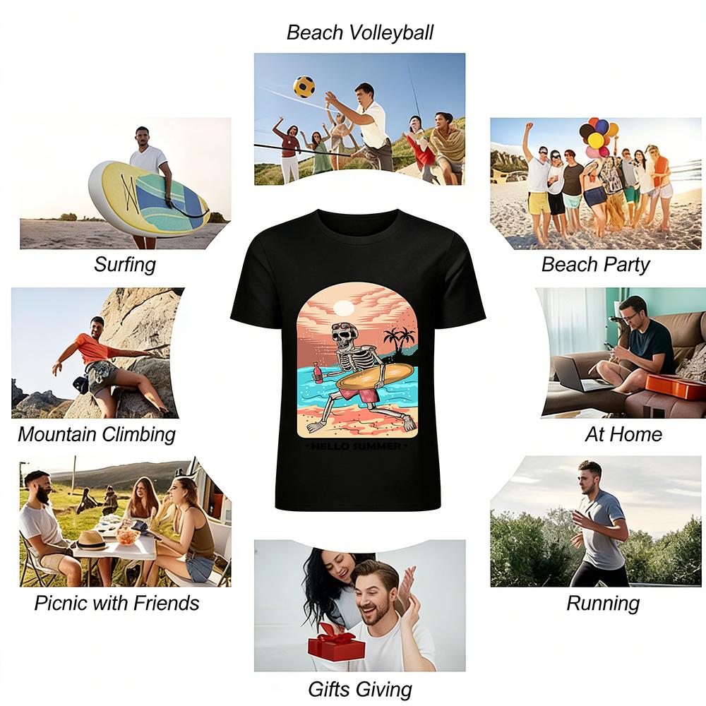 Summer Skull Surfing Vacation Style Graphic Casual Tee Pure cotton T-shirt