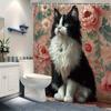Elegante Schwarz-Weiß-Katze mit Blumen Duschvorhang Wasserdicht Leicht zu Reinigen Sichtschutz Druck Haustierkunst Design Vintage