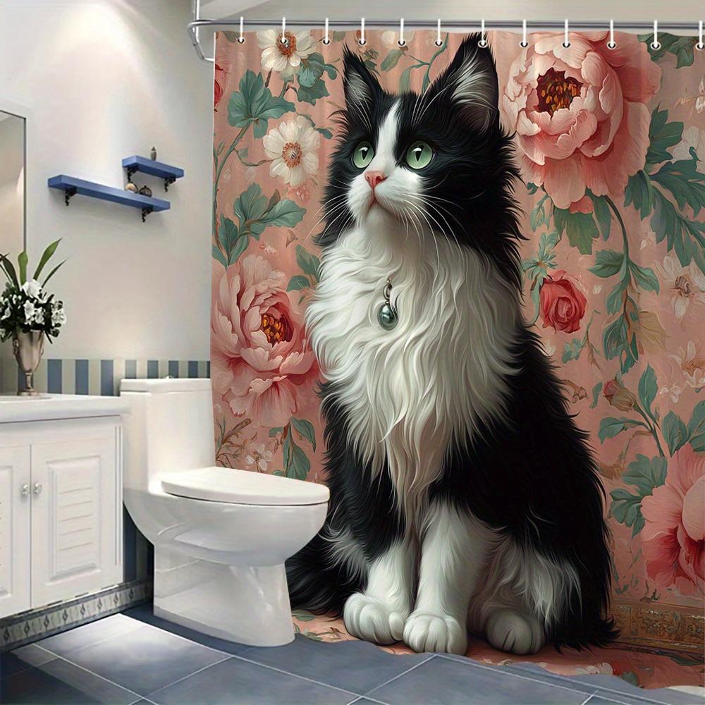 Elegante Schwarz-Weiß-Katze mit Blumen Duschvorhang Wasserdicht Leicht zu Reinigen Sichtschutz Druck Haustierkunst Design Vintage