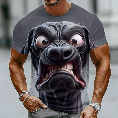 Men's 3D Angry Black Dog Print T-Shirt Realistic Animal Graphic Crew Neck Casual Streetwear Short Sleeve Tee for Spring & Summer