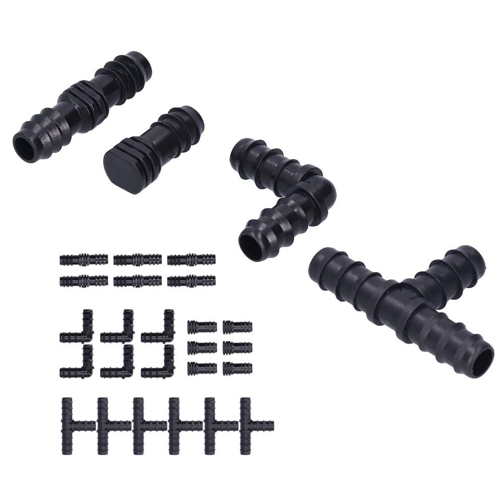 24Pcs ABS Irrigation Fitting Fits 1/2 Inch Hose Black Barbed Connector Elbow Connector Straight Connector Irrigation Tee