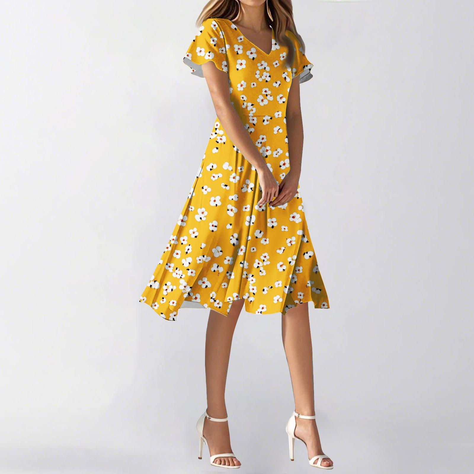 

Женское летнее повседневное модное платье с цветочным принтом и V-образным вырезом, короткая юбка с коротким рукавом XS жёлтый