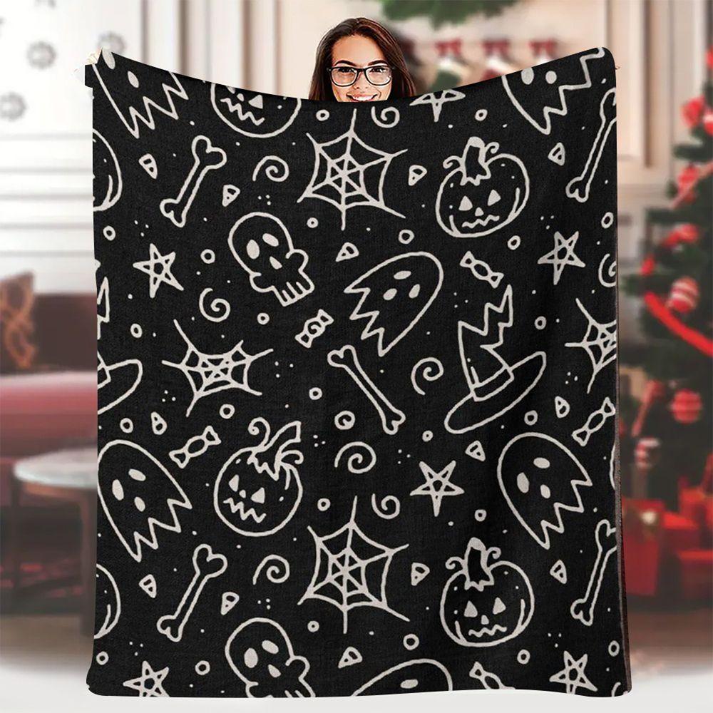 Spooky Gothic Black White Pattern Flannel Throw Blanket Soft Plush Fleece Bed Sofa Cover,Lightweight Decorative Warm Bedding For Halloween