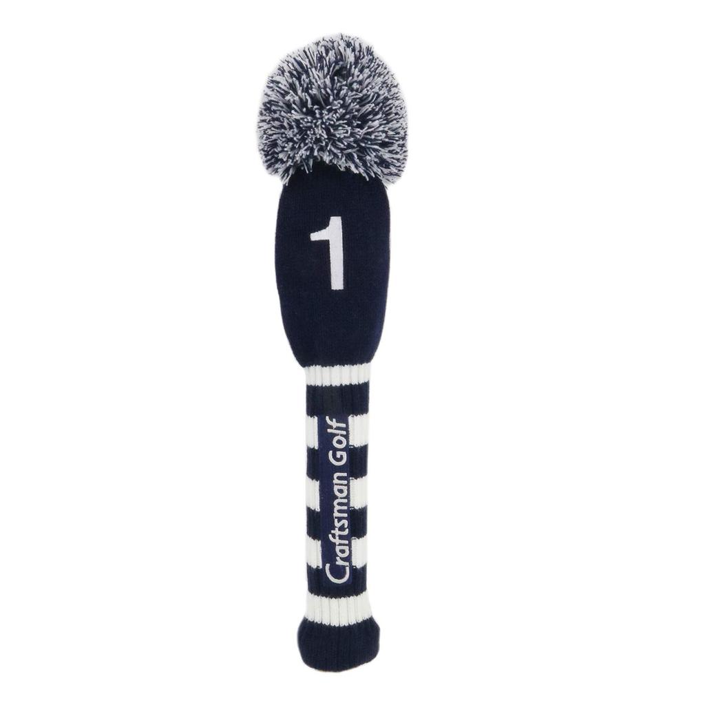 Craftsman Golf Driver Single Knit Club Cover, #1 Pom-Pom Headcover, Navy/White